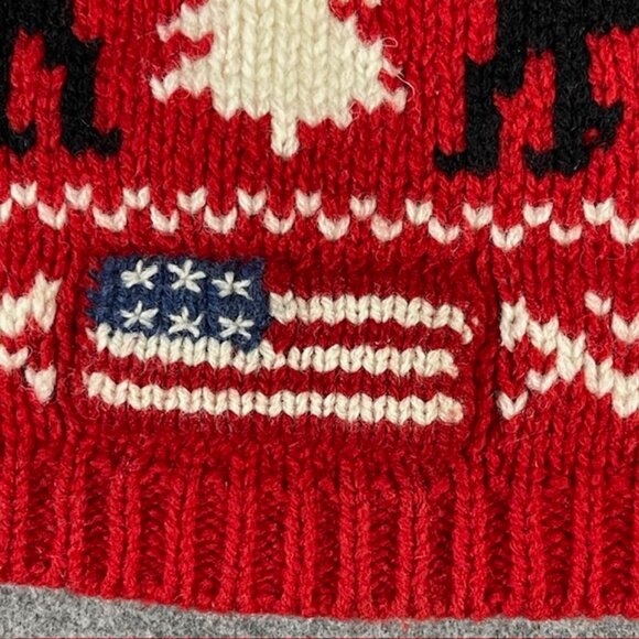 Vintage Polo Ralph Lauren Red USA Flag Moose Knit Wool Pom-Pom Beanie Hat One Sz - Picture 3 of 7